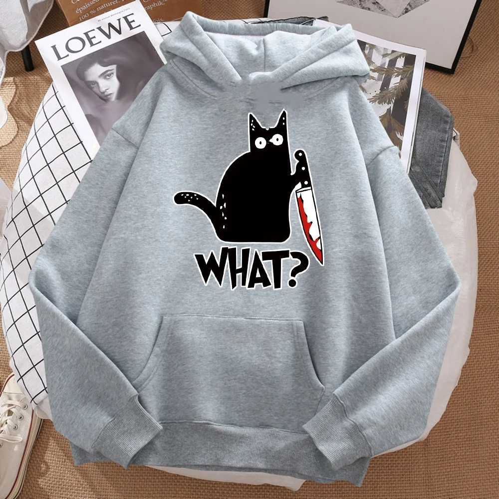 Cute Little Black Cat Holding a Knife Mens Hipster Hoodie Street Fleece Hoody Hip Hop Autumn kid Sweatshirt for Women C251017