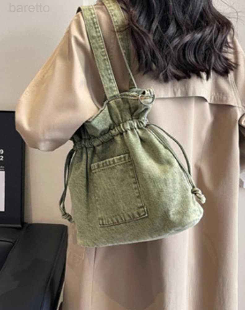 Denim Canvas Tote Bag Women Drawstring Bucket Crossbody Shoulder Purse Lightweight Handbag Trendy Commute Travel Bag Z251017