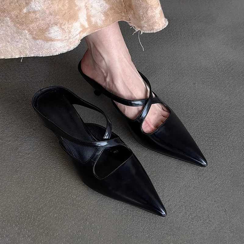 Elegant Leather Muels Sandals Women Sexy Pointy Toe Cross Strap Design Slide Sandals Luxury Party Dress Heels Sandalias De Mujer Z251015