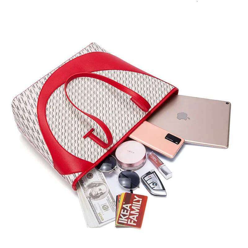 Women's Tote Red Splicing Large Capacity Handbag Magnetic Mommy Shopping Bag