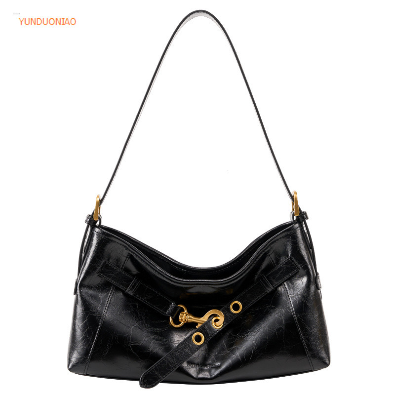 Autumn and winter new designer bag wax cowhide retro style women's shoulder bag fashion trend crossbody armpit bag versatile commuting bag
