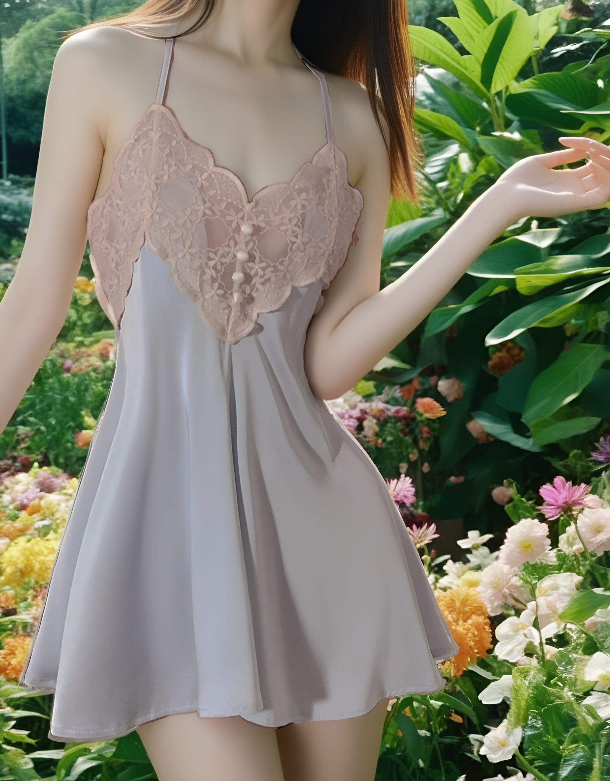 Lace Netted See-through Nightwear Outfit with Ribbon Detail