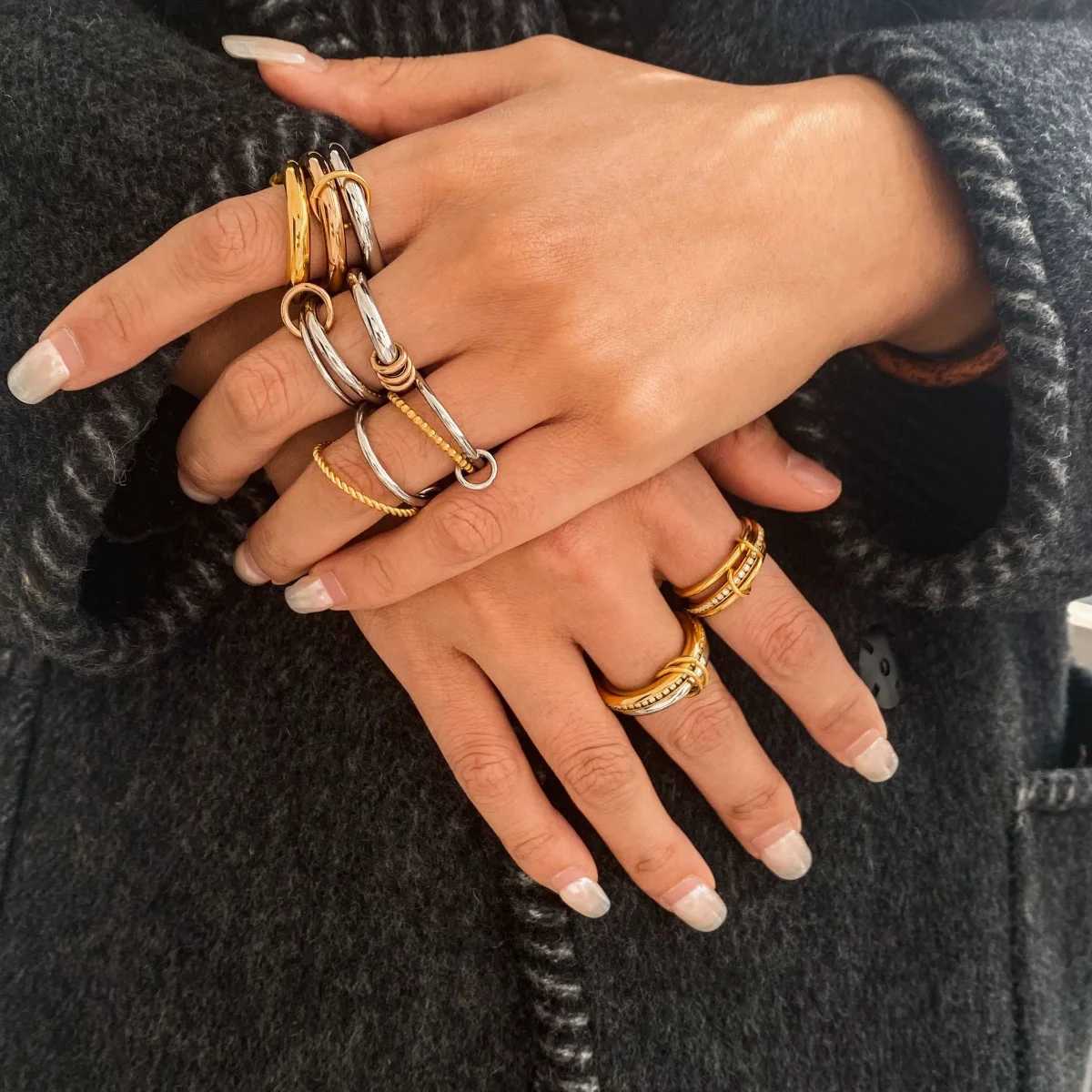 Multilayer Everly Stacked Ring Chunky Gold Plated Interlocking Zircon Multi Link Connected Rings Eternity Statement Jewelry Gift Z251017