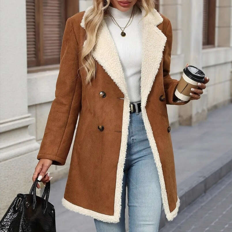 Autumn Winter New Suede Velvet Coat Fashion Casual Turn-Down Collar Mid-Length Warm Woolen Women's Overcoat B5