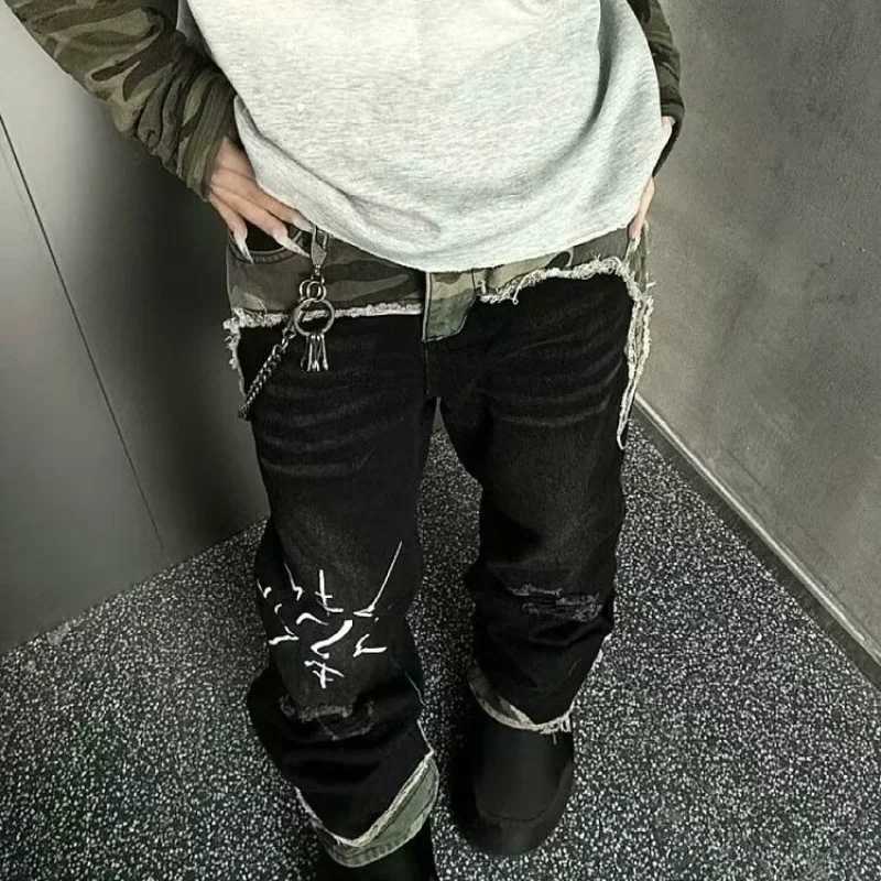 1 Street Vintage Washed Camouflage Stitching Jeans Men And Women Y2K High Street Hip Hop Straight Baggy Slim Pants Tide1 Y251105
