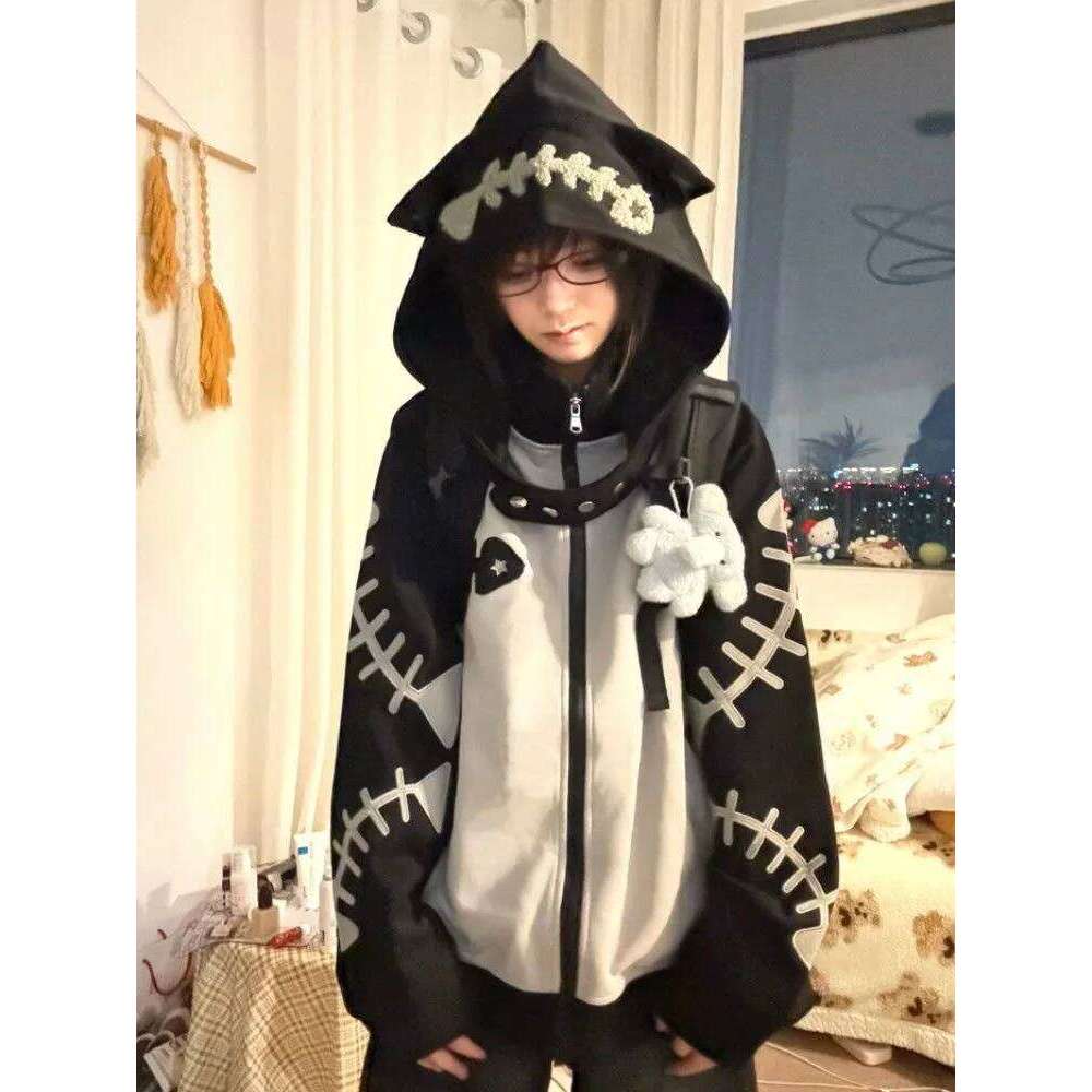 Contrast Color Kawaii Fish Bone Hoodies Women Vintage Y2k Aesthetic Oversized Streetwear Hoody Grunge Zipper Sweatshirt