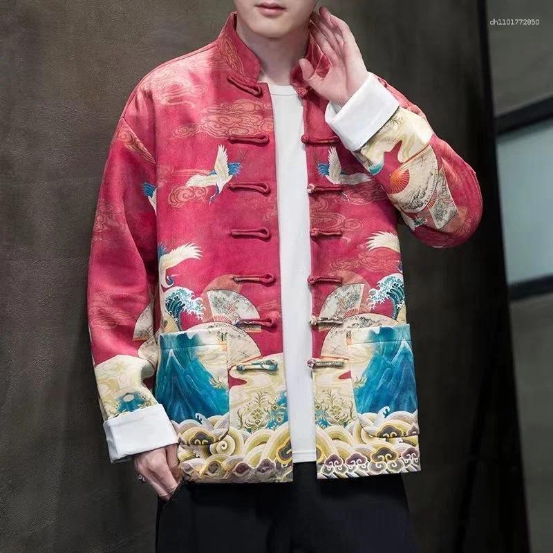 Men's Jackets Spring Autumn Youth Chinese Sle Jaet Printed Hanfu Coat Stand Collar Button Up Loose Fit Wear Resistant Long Sve