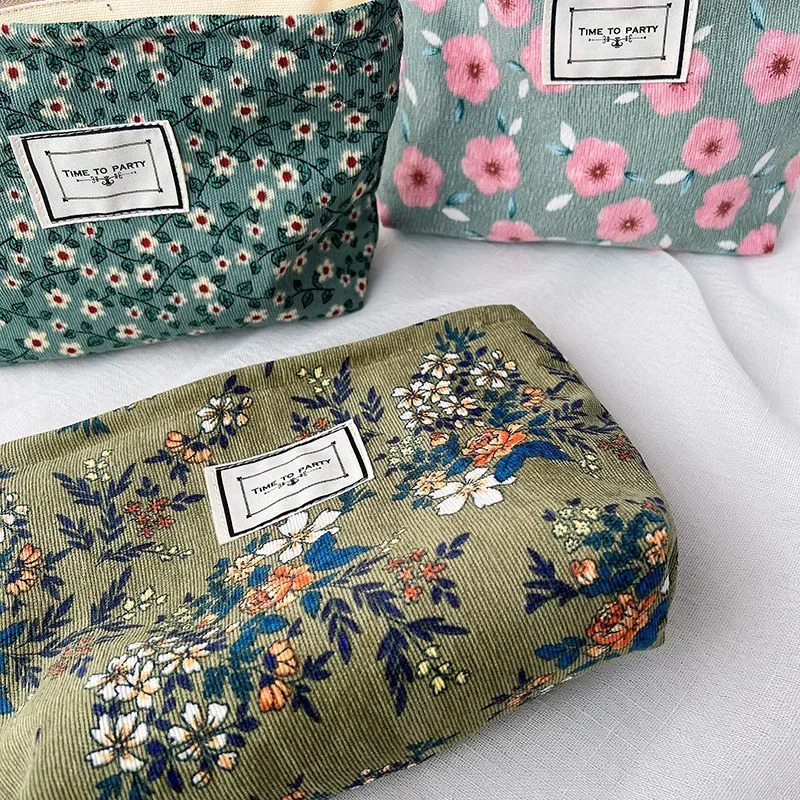 Corduroy Makeup Bag Organizer Clutch Retro Flower Print Cosmetic Bag Wash Women Travel Make Up Pouch Beauty Toilet Storage Cases251011