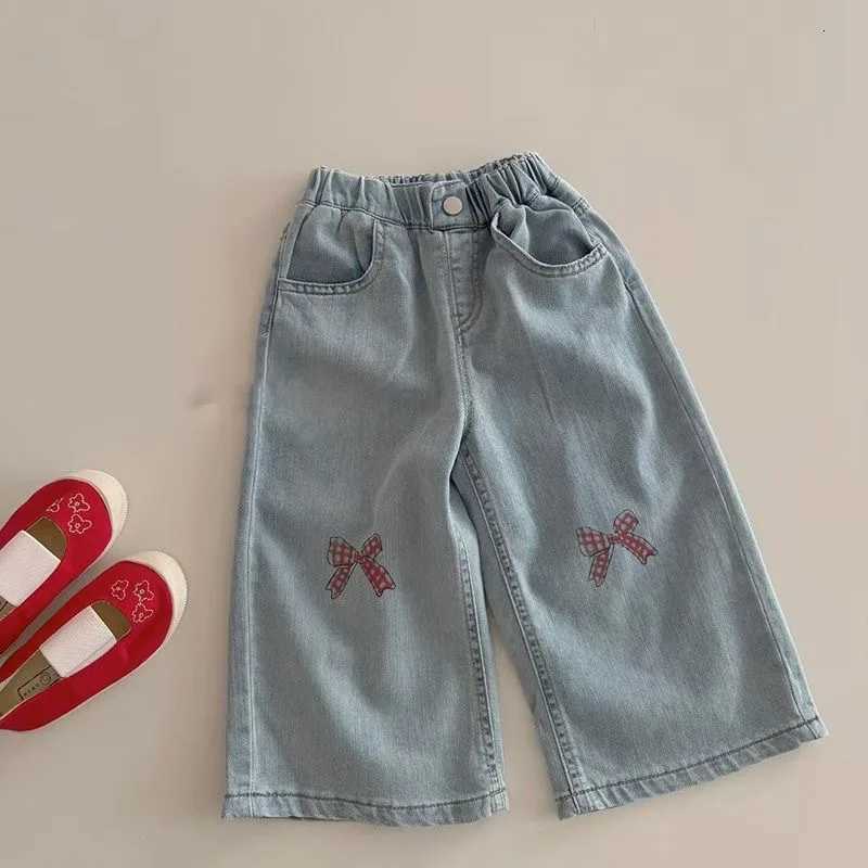 2025 Summer Kids Girls School Wide Leg Pants Korean Printed Bows Baby Girls Jeans Straight Denim Pant New Sweet Fashion 28yT251017