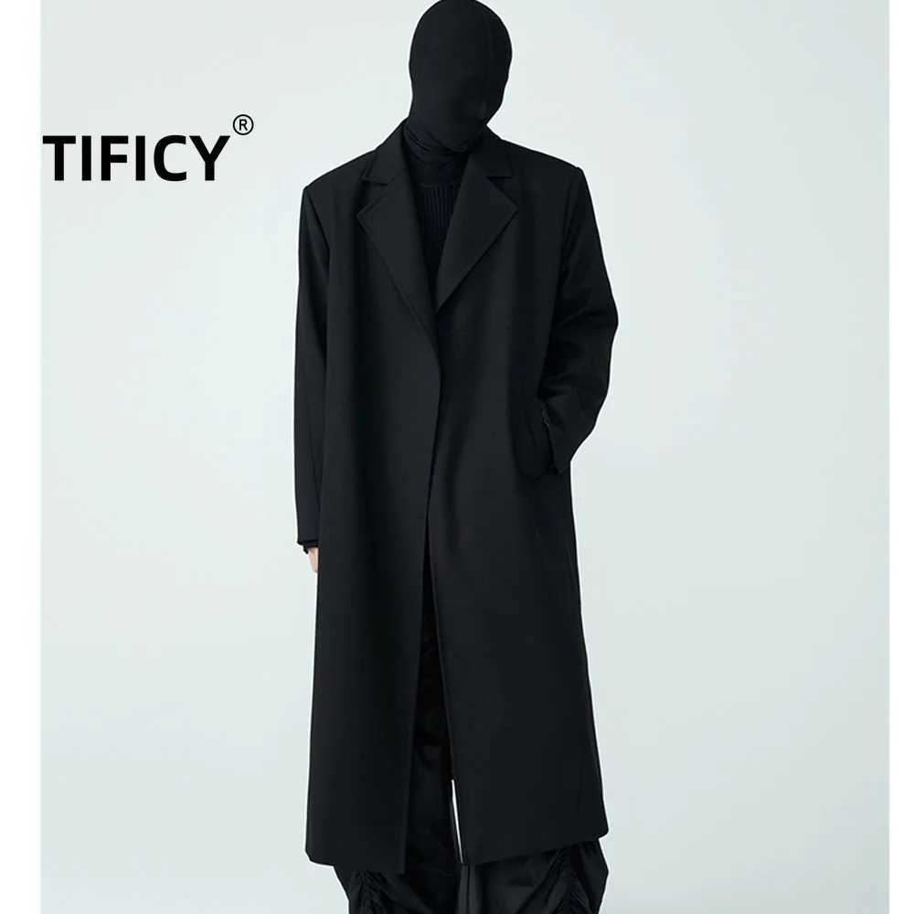 High Street Long Woolen Trench Coats Trench Coat Mens Wool Buttonless Loose Shoulder Pads Mid Length Spliced Black Coat J251017
