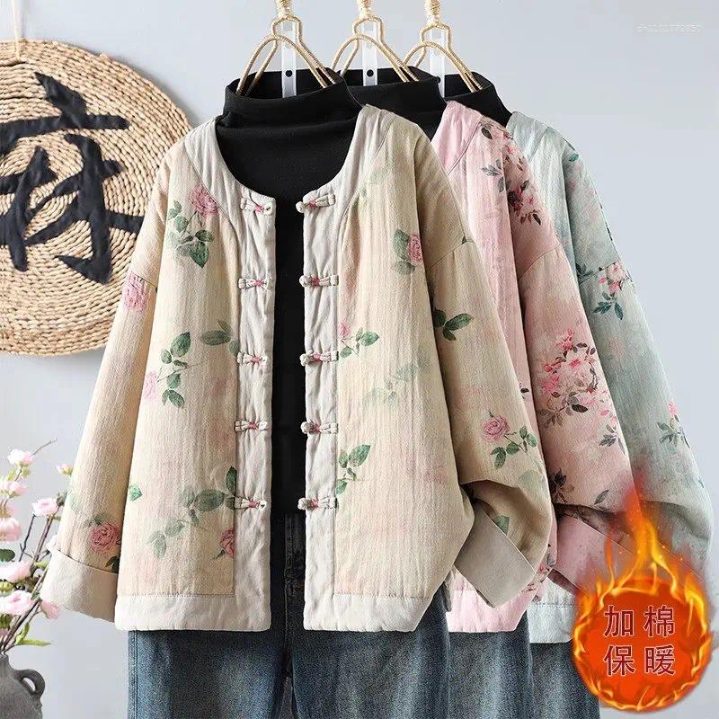 Women's Jackets 2025 Spring And Autumn Chinese Style Retro Printed Jacket Short Coton Padded Quilted Coat Casual Loose Floral Top A532
