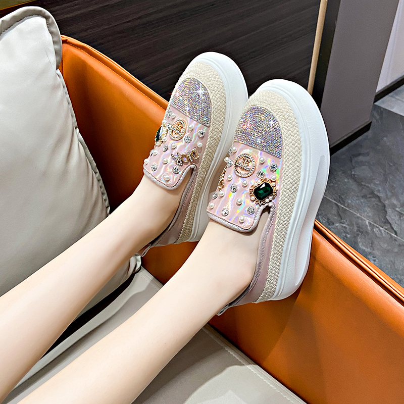 Women's Luxury Sneakers Rhinestone Decor oxhide Loafers Slip on Women's Designer Shoes Versatile Thick Sole Woven Shoes Comfortable Walking 