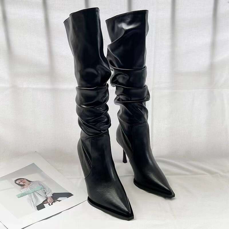 Pointy Pleated High Women's Hipster Skinny Pile Boots High Heels Above The Knee