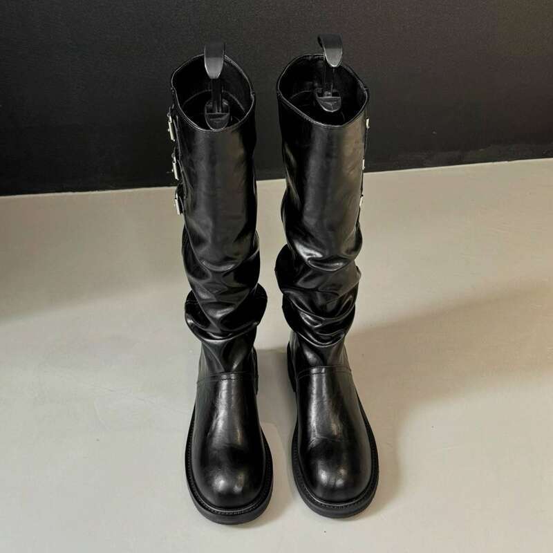 Cameido Women Fashion Pleated Stackable High - Heel With Belt Buckle Retro Knight Boots