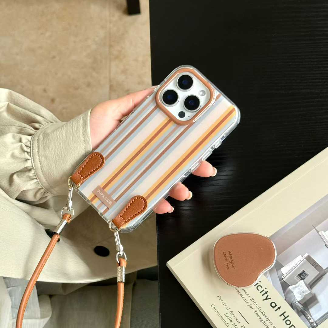 Autumn Winter Color-Block Striped Compatible with iPhone 17 Leather Lanyard Pro Max Apple 16 Phone Case 15 Women 14