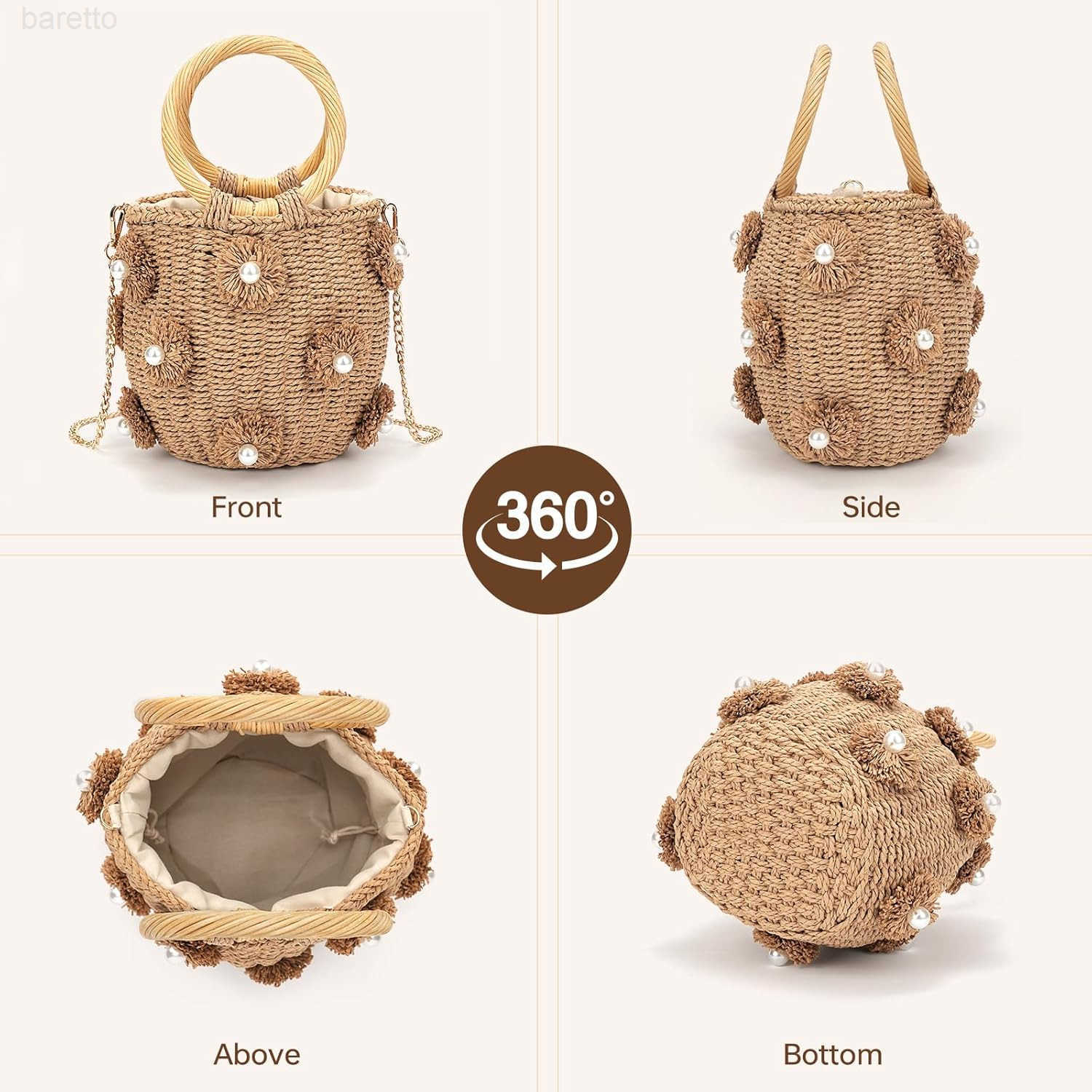 Straw Bucket Bag Flower Pearls Rattan Tote Bag Summer Beach Bag Woven Handbag Drawstring for Women Z251017