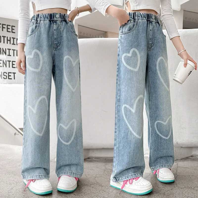 Big Girls New Arrival Jeans with Heart Pattern 2025 Spring Autumn High Quality Fashion Wide Leg Pants Kids School Loose TrousersT251017