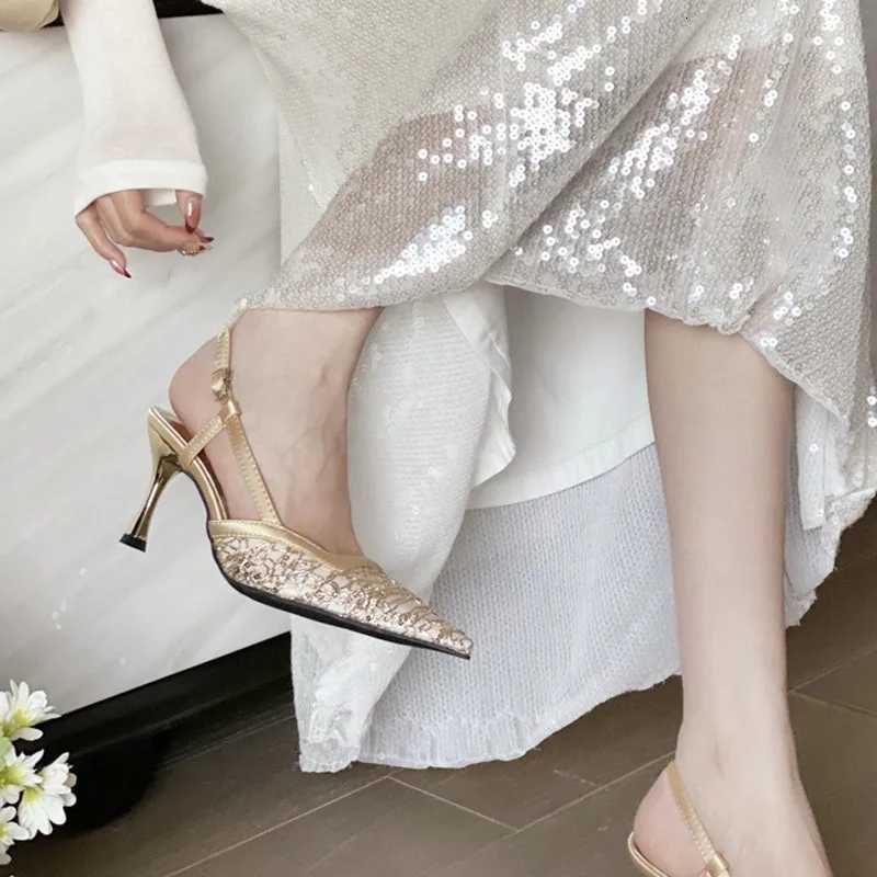 Sexy Pointed Toe Gingham Design Buckle Strap High Heels Golden Crystals Mesh Heeled Sandals Women Summer Luxury Party Dress Shoe Z251015