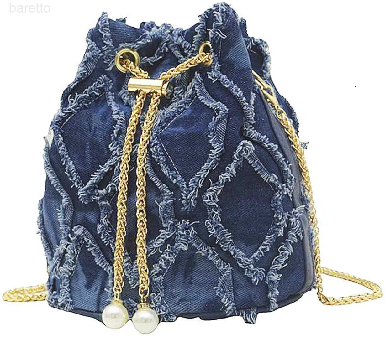 Jean Purses for Women Denim Quilted Drawstring Crossbody Bags Bucket Blue Z251017