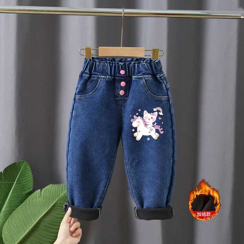 Korean version childrens jeans winter girls with plush thick High waist elastic cartoon printed jeans babies warm pants16YT251017
