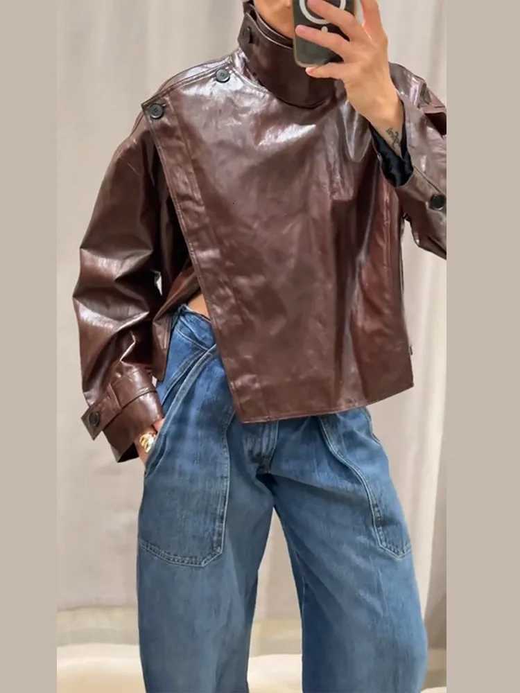 Retro PU Leather Short Jacket Women New Design Stand Collar Slash Button Jackets Female 2025 Autumn Classic Chic Street OutwearT251017