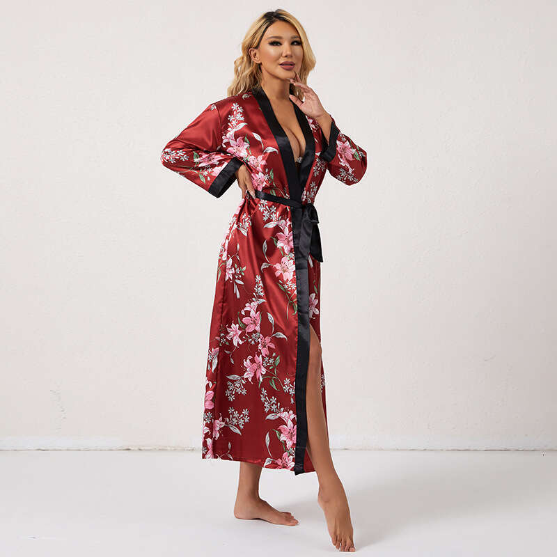 Lightweight Breathable Tie Sleepwear Pink Floral Print Pattern Fashion Robe Casual Comfortable Women's Loungewear