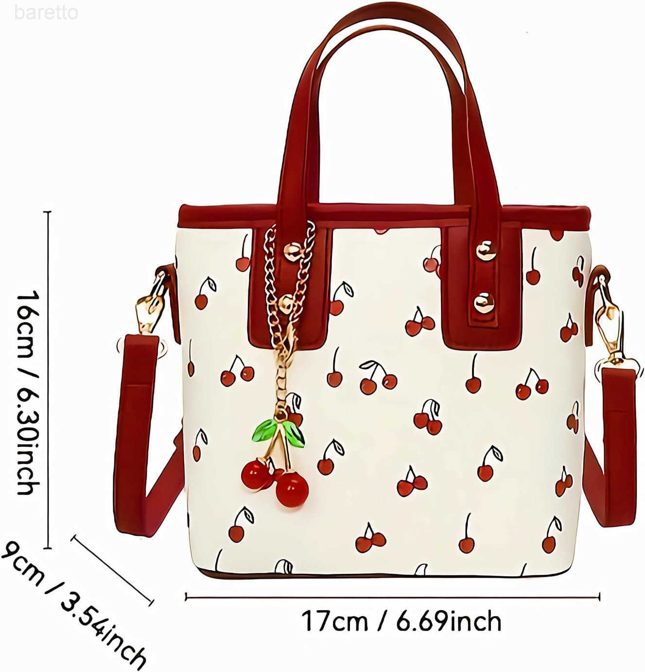 Cherry Leather Tote Bag Cute Y2K Shoulder Purse for Women Red Designer Handbag with Top Handle Fruit Print Clutch Satchel Z251017