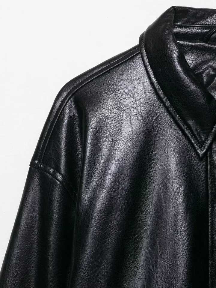 autumn new womens commuting casual simple versatile fashion Fuling longsleeved imitation leather pilot jacketT251017