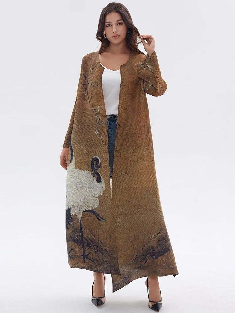 Miyake Pleated Vintage Swan Printed Long Sleeve Coat Women Autumn Winter Original Abaya Cardigan Plus Size Windbreak 251013