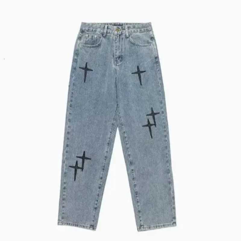 Cross Embroidered Jeans Straight Leg Loose Spring Autumn Korean Version Trendy Casual Street Mens Cropped Wide Leg Pants Women1 Y251105