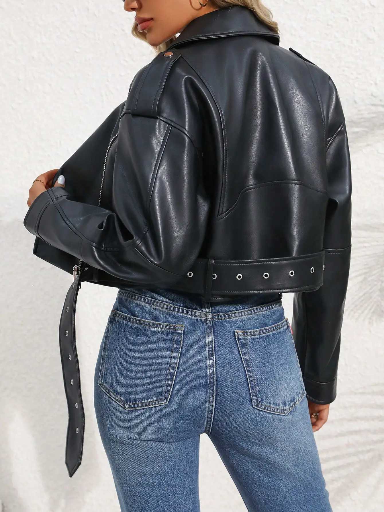 Fitaylor Women Faux PU Leather Jacket Casual Lady Lapel Zipper Short Coat Motorcycle Leather OutwearT251017