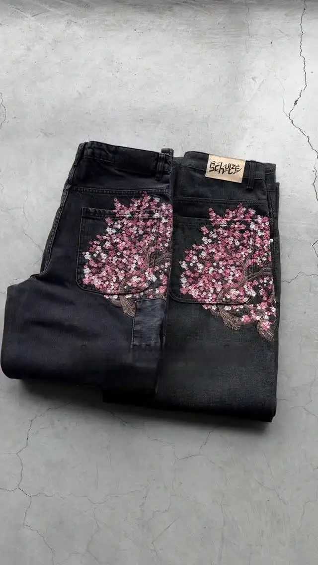 Derschutze Patchwork Cherry Blossom Embroidery Denim Pants Y2k Vintage Women Baggy Straight Wide Leg Jeans Street Men Clothes Y251105