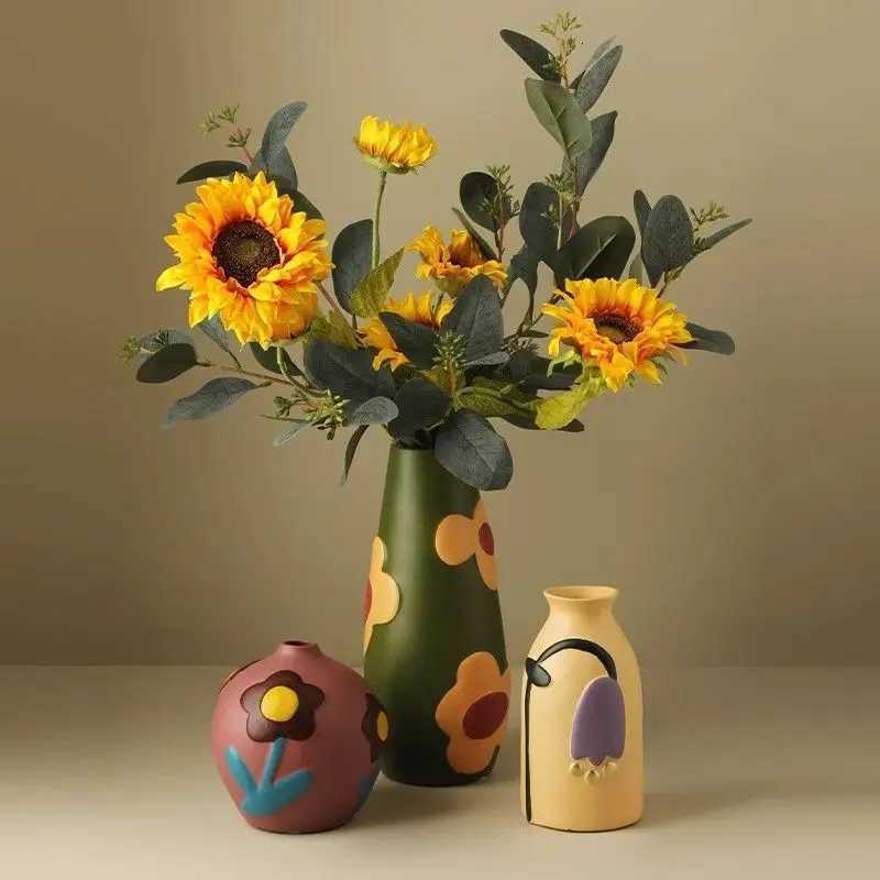 Nordic Creative Painted Morandi Ceramic Vase Dried Flower Ornament Home Porch Decoration TV Cabinet Decoration Flower Device C251017