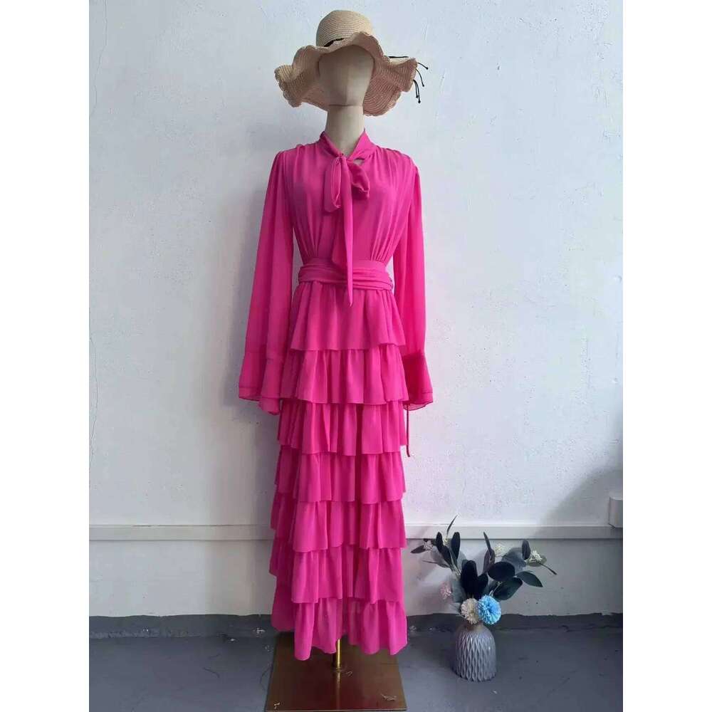 Autumn New Ruffle Leaf Splicing Wind Chiffon Semi-turtleneck for Women Evening Dress Formal Party Gown