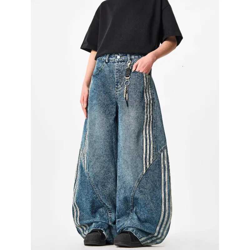 Y2K Custom Women Jeans Vintage Reconstruction Denim Pants Wide Leg With Distressed Wash And Stripe Details Y251105