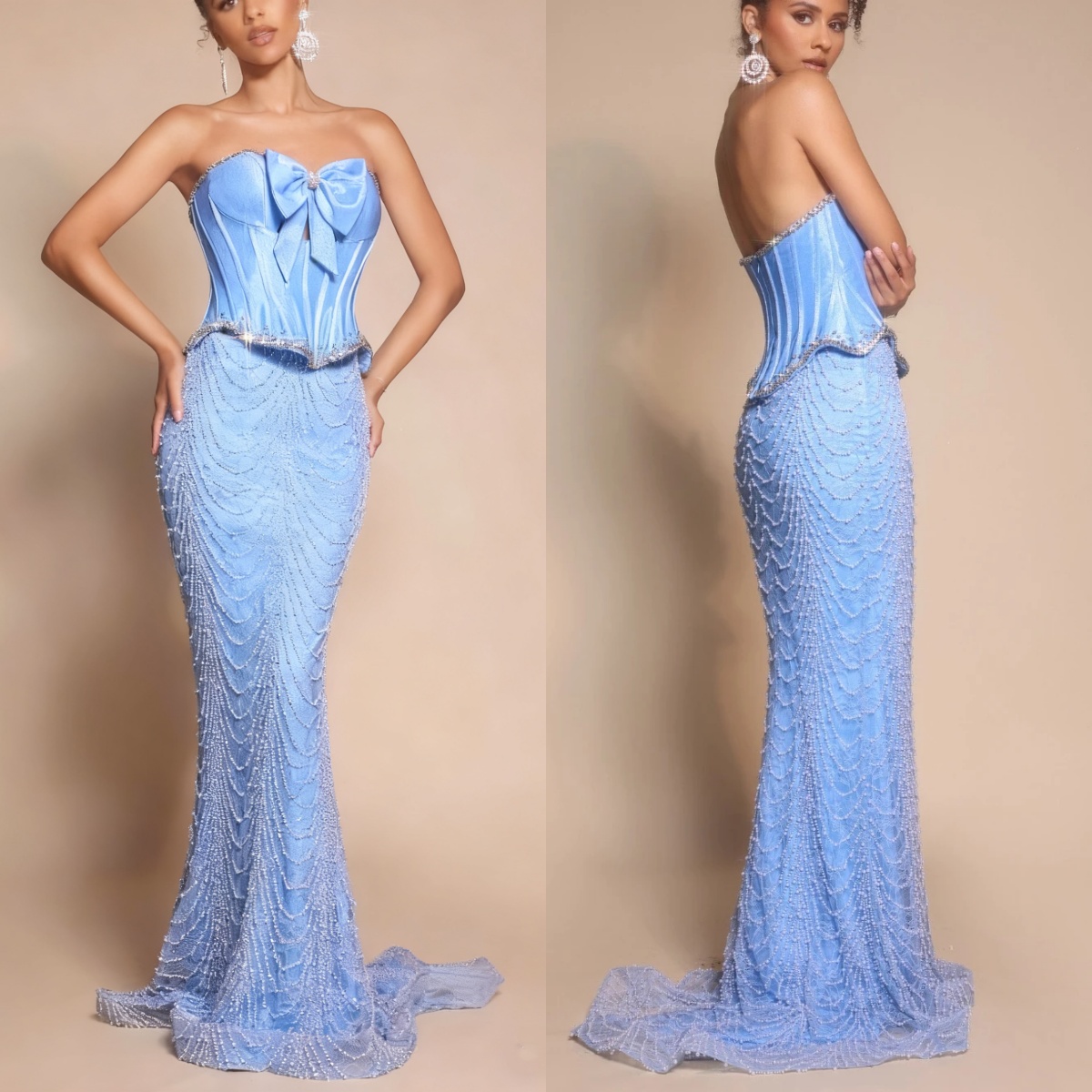 Gorgeous Evening Dresses Pearls Beading Prom Gowns Rhinestone Strapless Sleeveless Bow Backless Customized Vestidos De Noche Plus Size