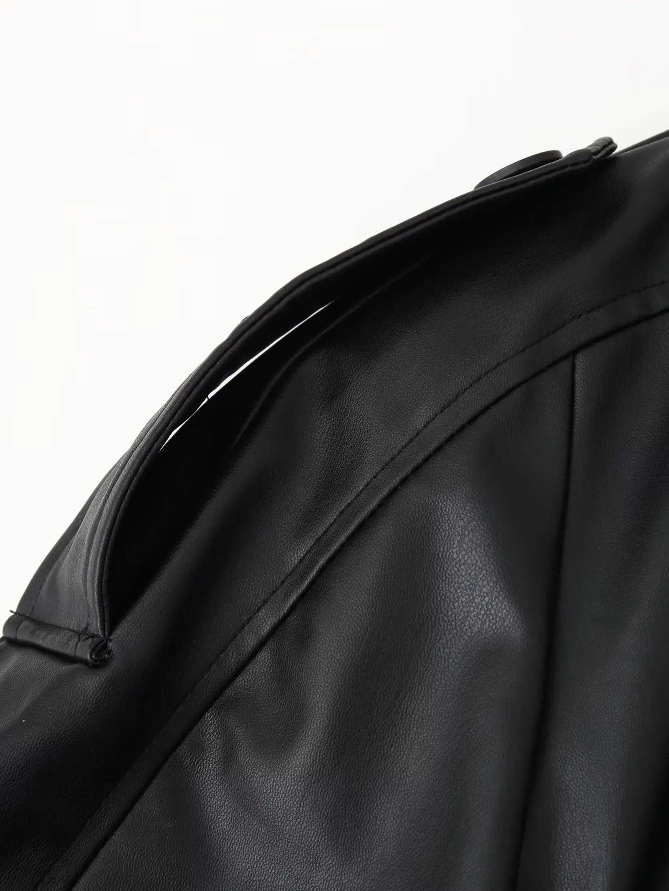 Woman Autumn Faux leather Jacket Solid TurnDown Collar Long Sleeves Pocket Belt SingleBreasted Female Streetweer CoatsT251017