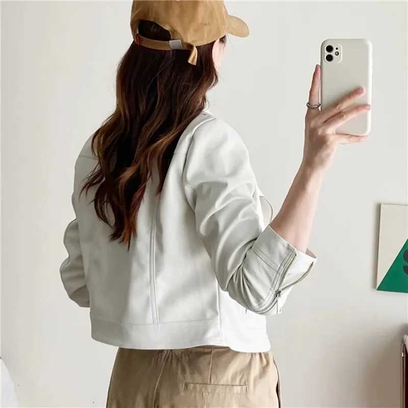 Autumn Women Korean Slim Short Faux Pu Leather Jacket Streetwear Pink Green Black Beige Lapel Long Sleeve Biker Jacket FemaleT251017