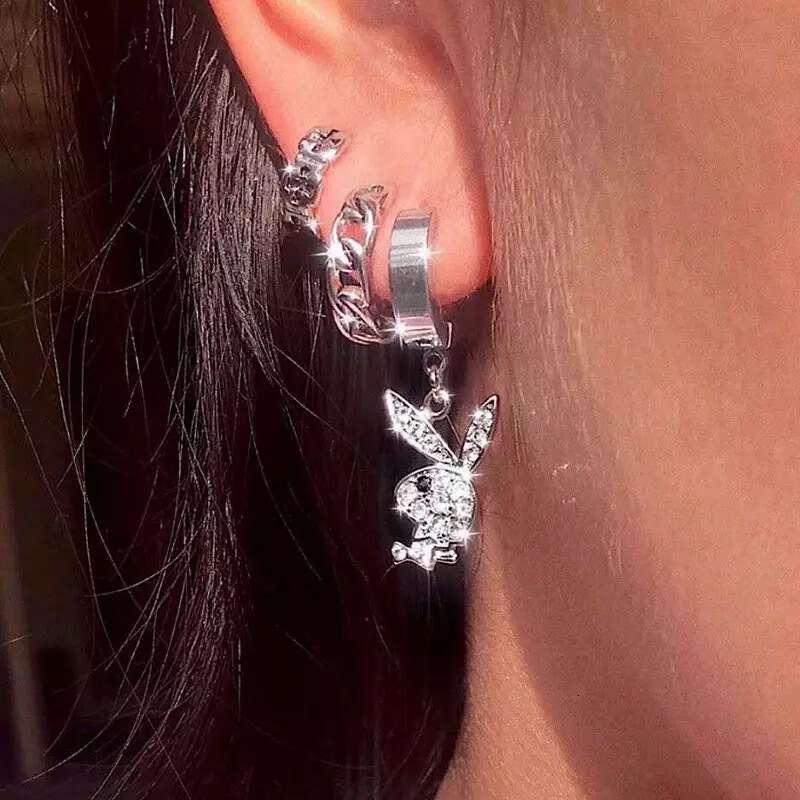 Sparkly Bunny Charm Hoop Earrings New Stainless Steel Rabbit Punk Style Necklace Hip-hop Bunny Earrings