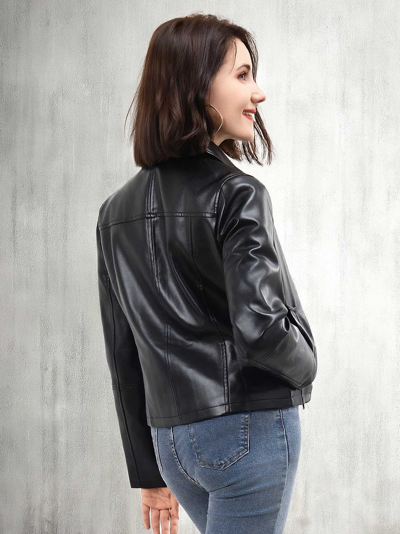 Womens Black Faux Leather Jacket Spring Fall Casual Stylish OuterwearT251017