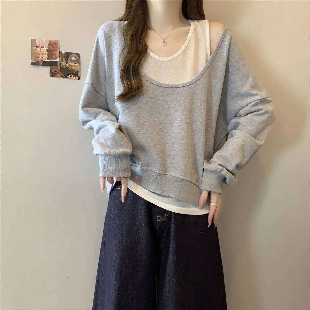 Shoulder Bared Oversized Women's Sweatshirt Pure Color Base Layer Two Piece Set New Arrival Autumn Season Princess Sleeve Rou...