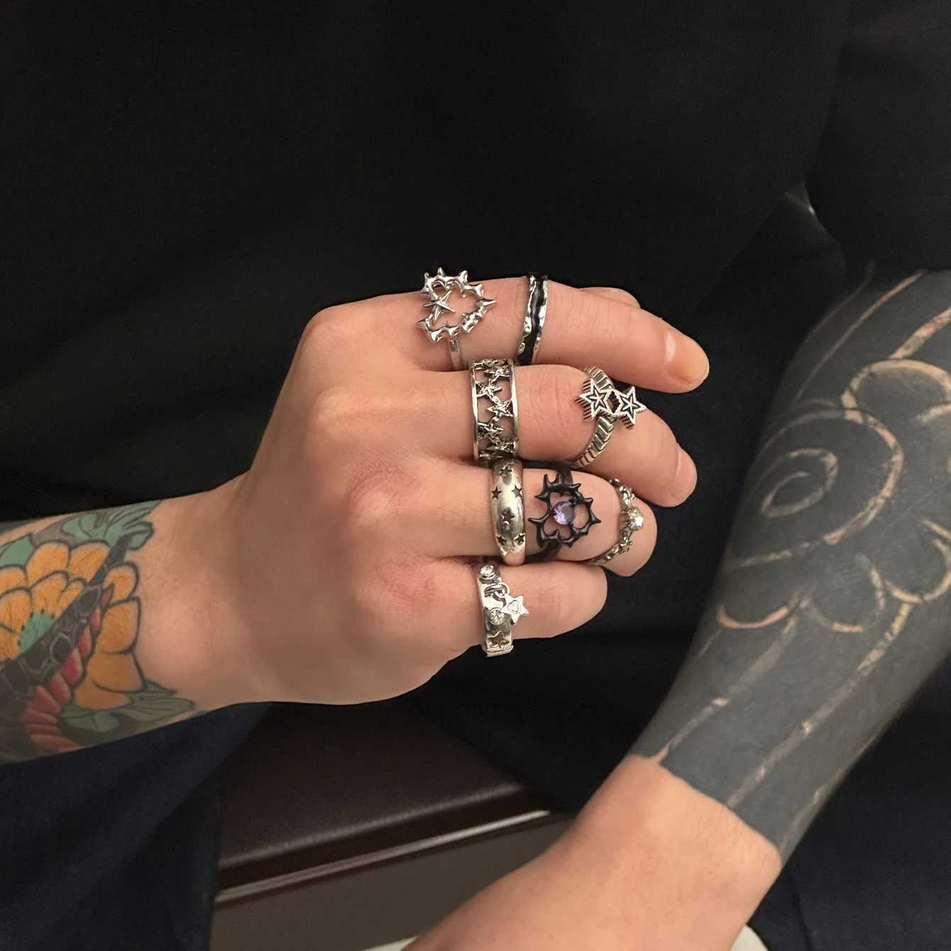 Ingemark 9PcsSet Goth Ancient Silver Color Open Rings for Men 2025 Trend Vintage Metal Star Hollow Bat Shape Rings Male Jewelry Z251017