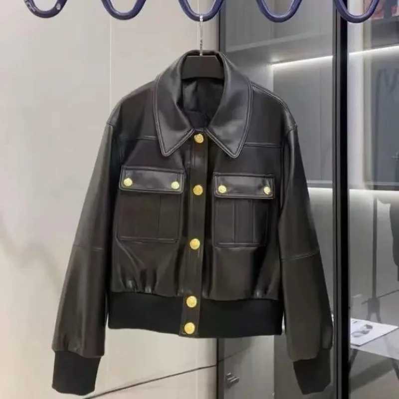 Luxury Womens Black Leather Jacket PU Leather Coat Spring Autumn Metal Button Pocket Outerwear Streetwear Short Top Long SleeveT251017