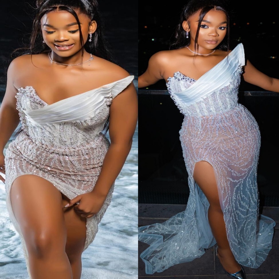 Ivory Mermaid Prom Dresses 2025 Illusion Pearls Sequined High Split Evening Formal Party Second Birthday Engagement Gowns Plus Size Dress For Special 