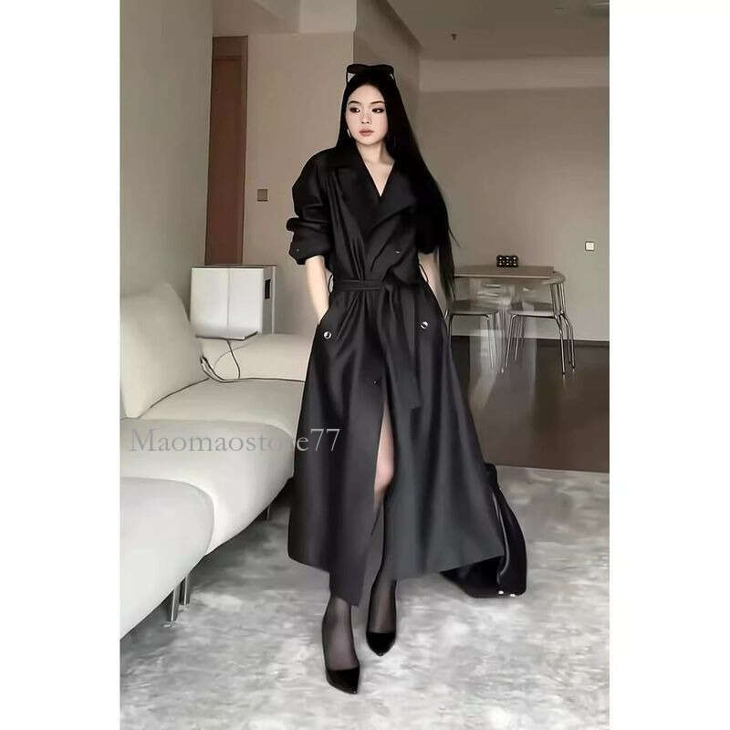 Plus 150Kg Ultra Slimming Long PU Leather Trench For Women Spring Autumn Large Size 220 Loose Turn-Down Collar Over-Knee winter jacket women