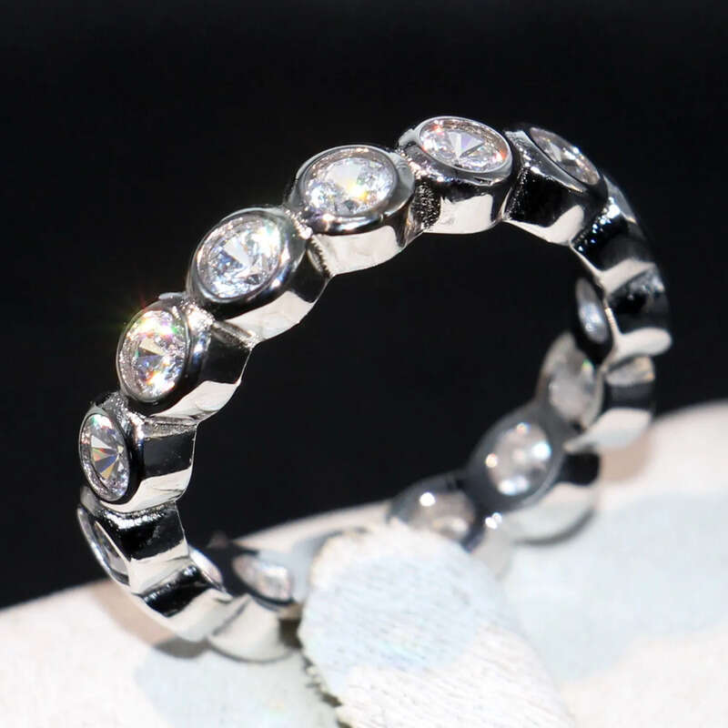 Cute Fashion Jewelry Sterling Sier Brand Desgin White Topaz CZ Dia Gemstones Party Women Wedding Circle Band Ring SetGift