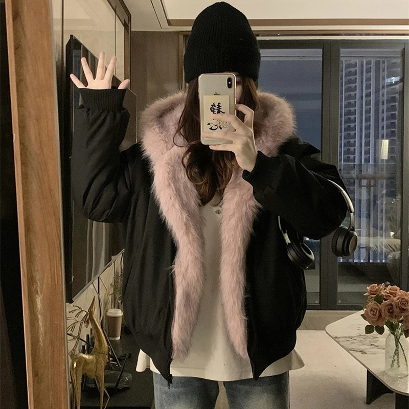 Twosided Wear mink velvet Fur Hooded Cotton Padded Jacket Fashion Winter Jackets Womens Short Loose Coats Trend 251011