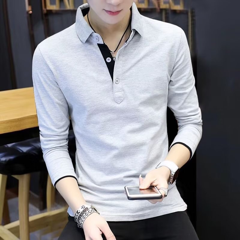 Spring and Autumn New Long Sleeve T-Shirt for Men, Trendy Slim Fit POLO Collar, Solid Color Business Base Shirt, Casual Top