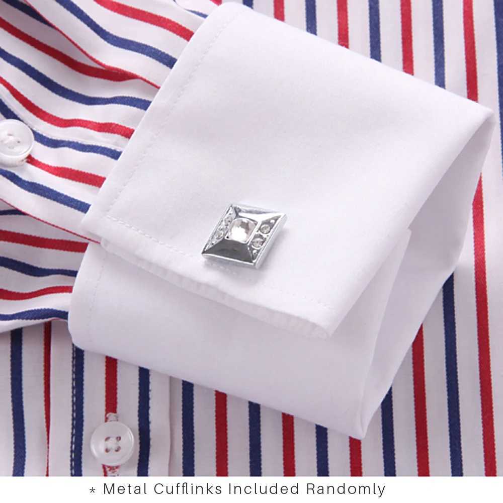 Mens Contrast Striped French Cuff Dress Shirt Without Pocket Formal Business Long Sleeve Standardfit Wedding Party Shirts J251017