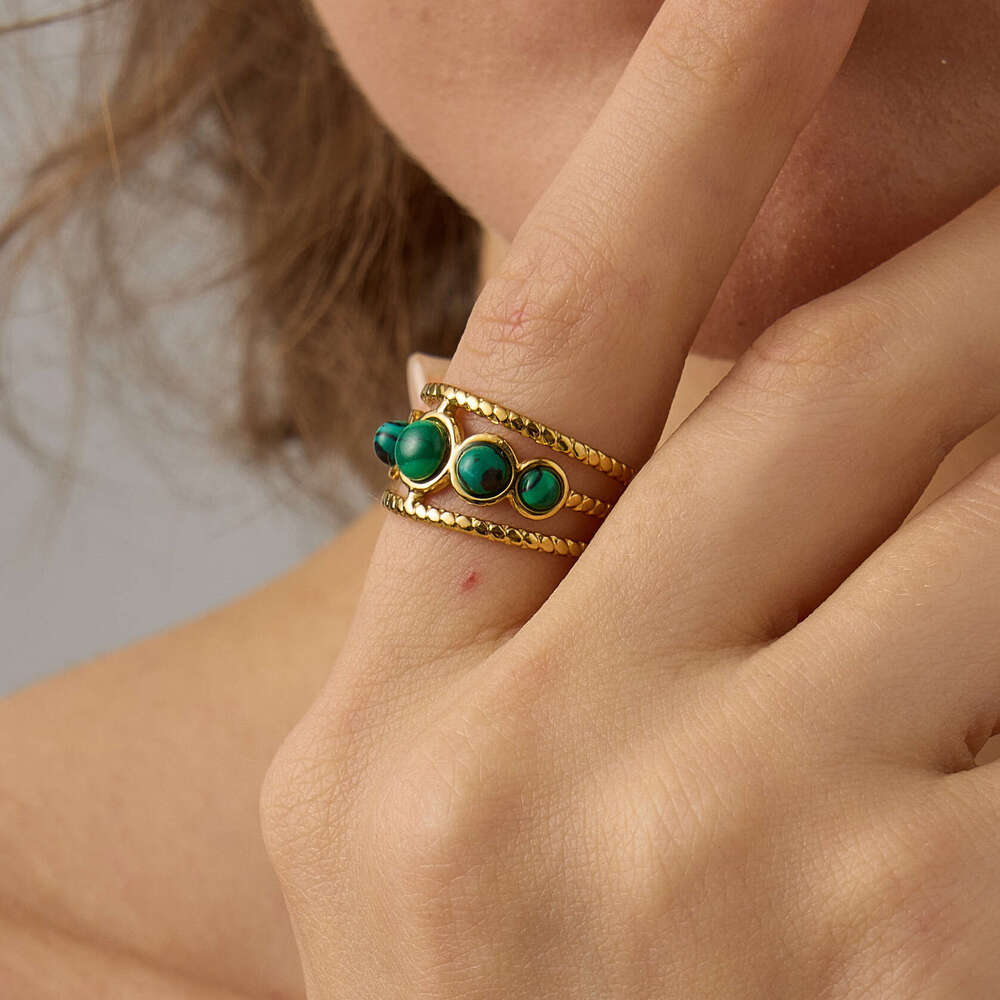 St.delan French Style Hollow Round Bead Turquoise Tiger Eye Stone Open Ring Women's Stainless Steel Jewelry ddmypluto